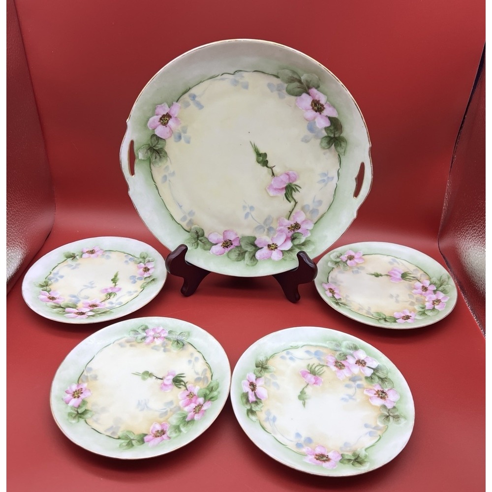 Antique KPM Germany Handpainted Handled Plate/Platter & Dessert Plates Set